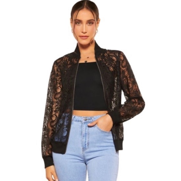 Emaline Petite Privé Zip Up Lace Bomber Jacket - Picture 2 of 6